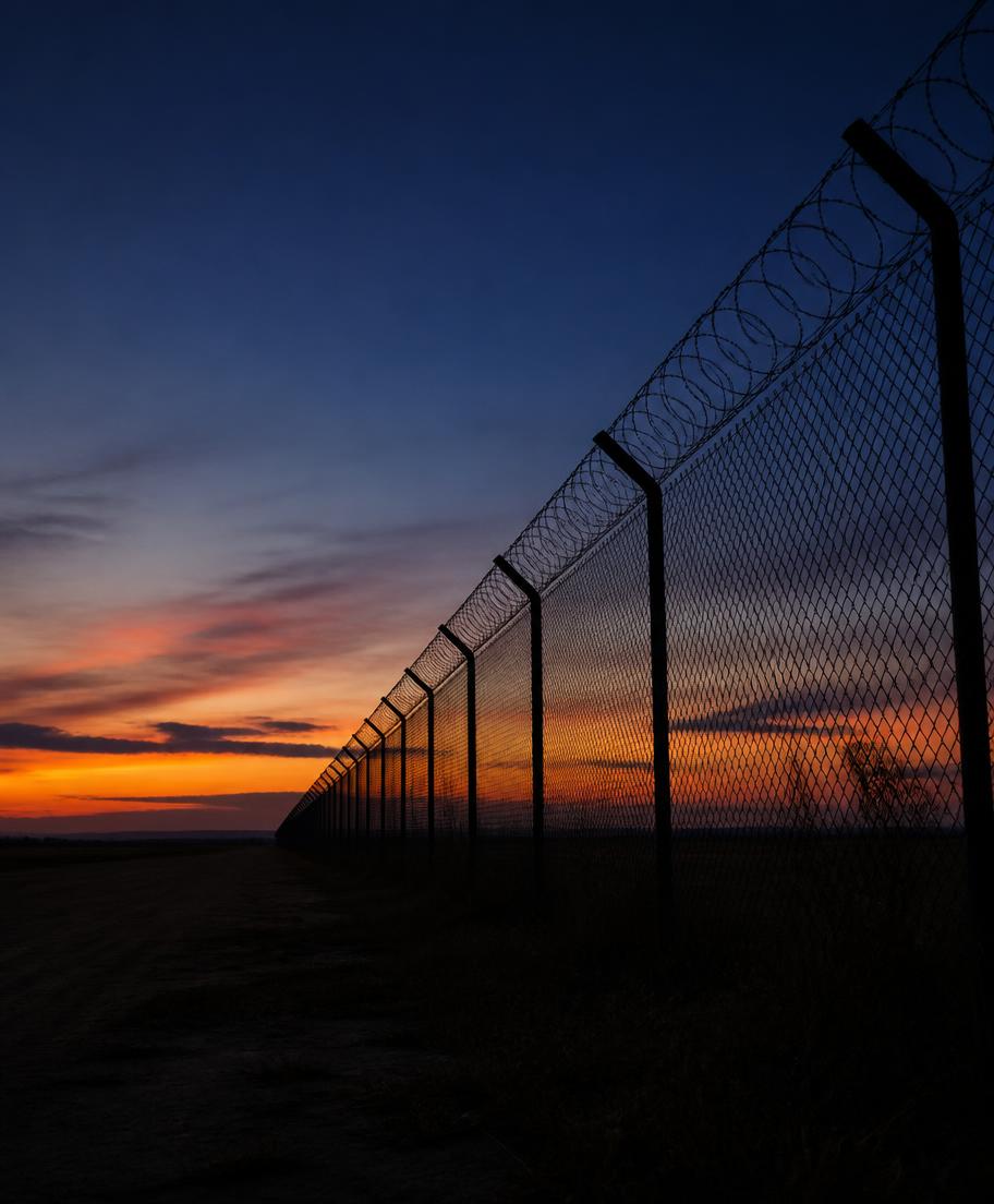 A perimeter fence at dusk under an orange sky